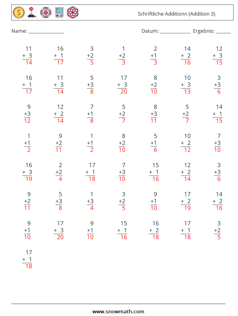 (50) Schriftliche Additionn (Addition 3) Mathe-Arbeitsblätter 11 Frage, Antwort