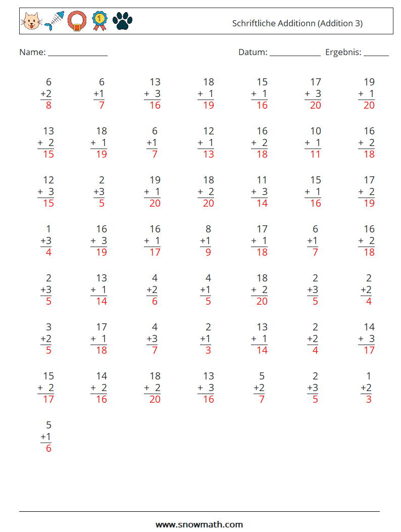 (50) Schriftliche Additionn (Addition 3) Mathe-Arbeitsblätter 12 Frage, Antwort