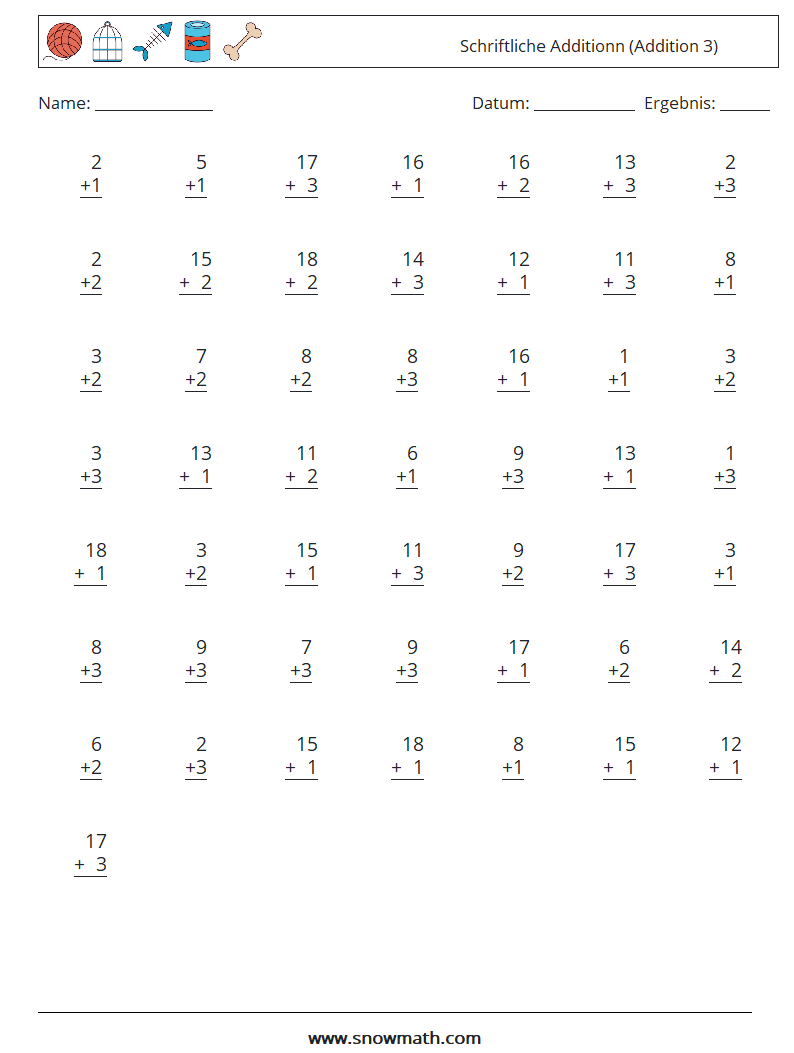 (50) Schriftliche Additionn (Addition 3) Mathe-Arbeitsblätter 13