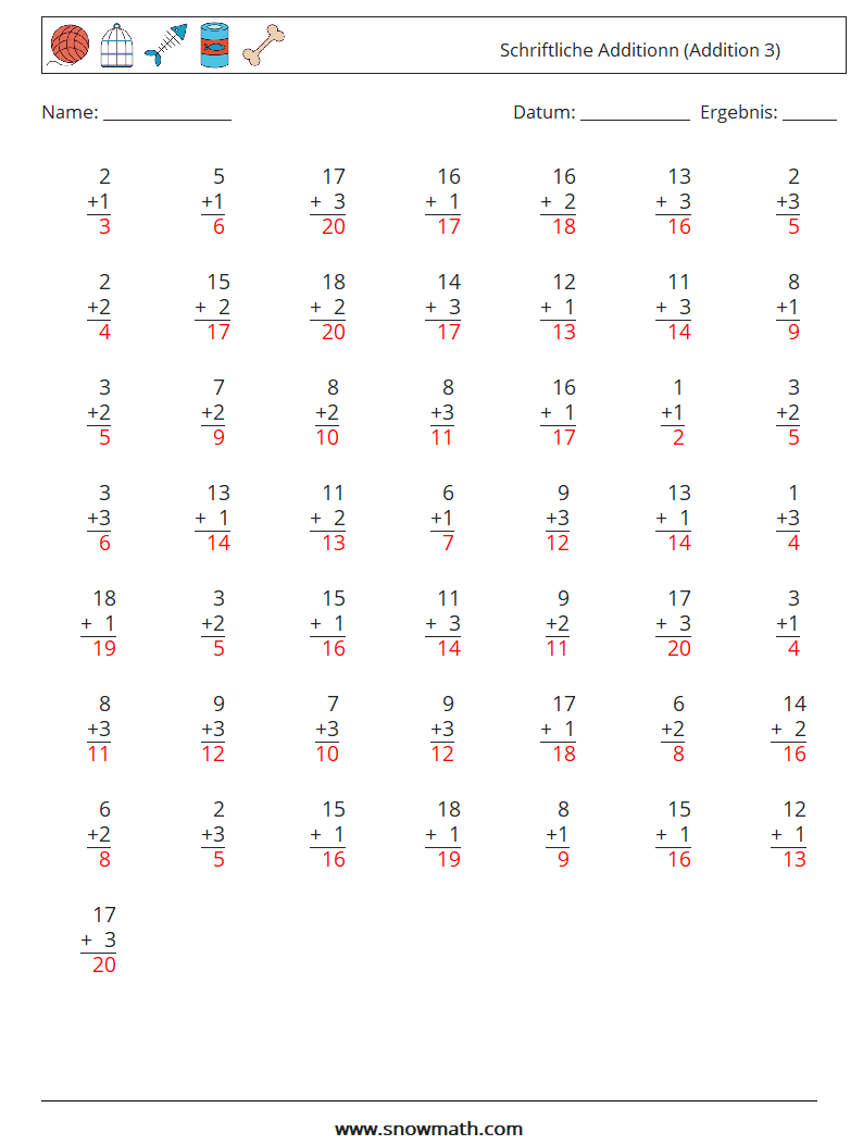 (50) Schriftliche Additionn (Addition 3) Mathe-Arbeitsblätter 13 Frage, Antwort