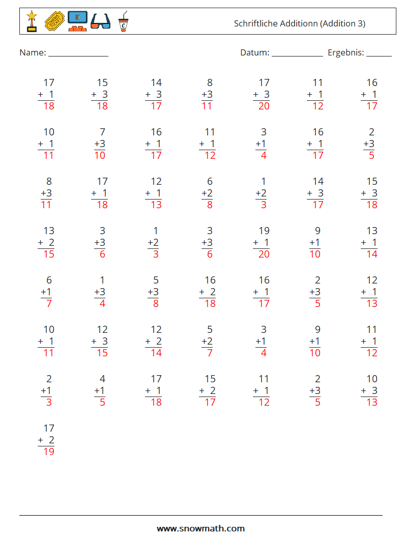 (50) Schriftliche Additionn (Addition 3) Mathe-Arbeitsblätter 14 Frage, Antwort