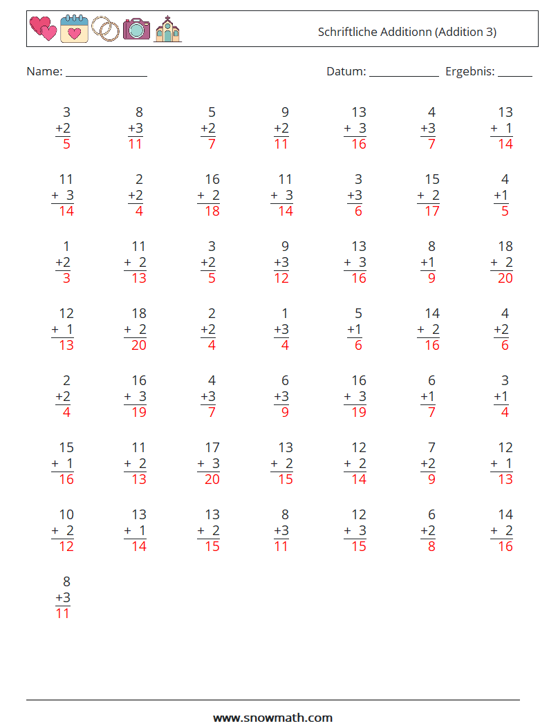 (50) Schriftliche Additionn (Addition 3) Mathe-Arbeitsblätter 15 Frage, Antwort