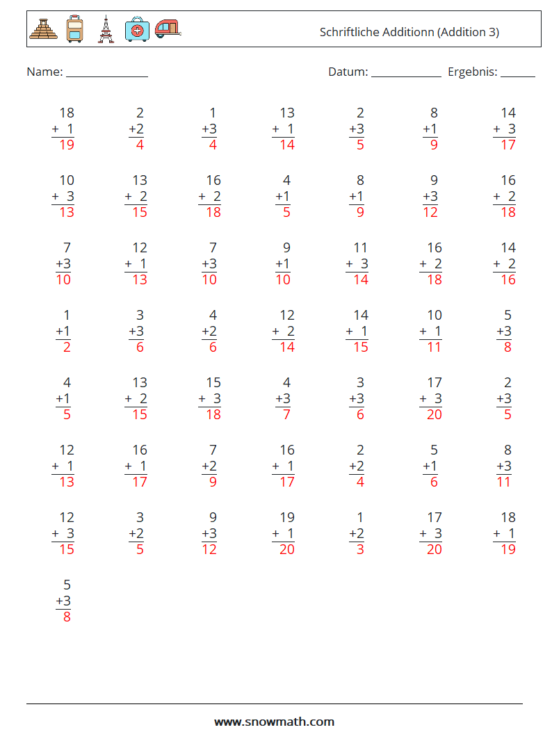 (50) Schriftliche Additionn (Addition 3) Mathe-Arbeitsblätter 16 Frage, Antwort