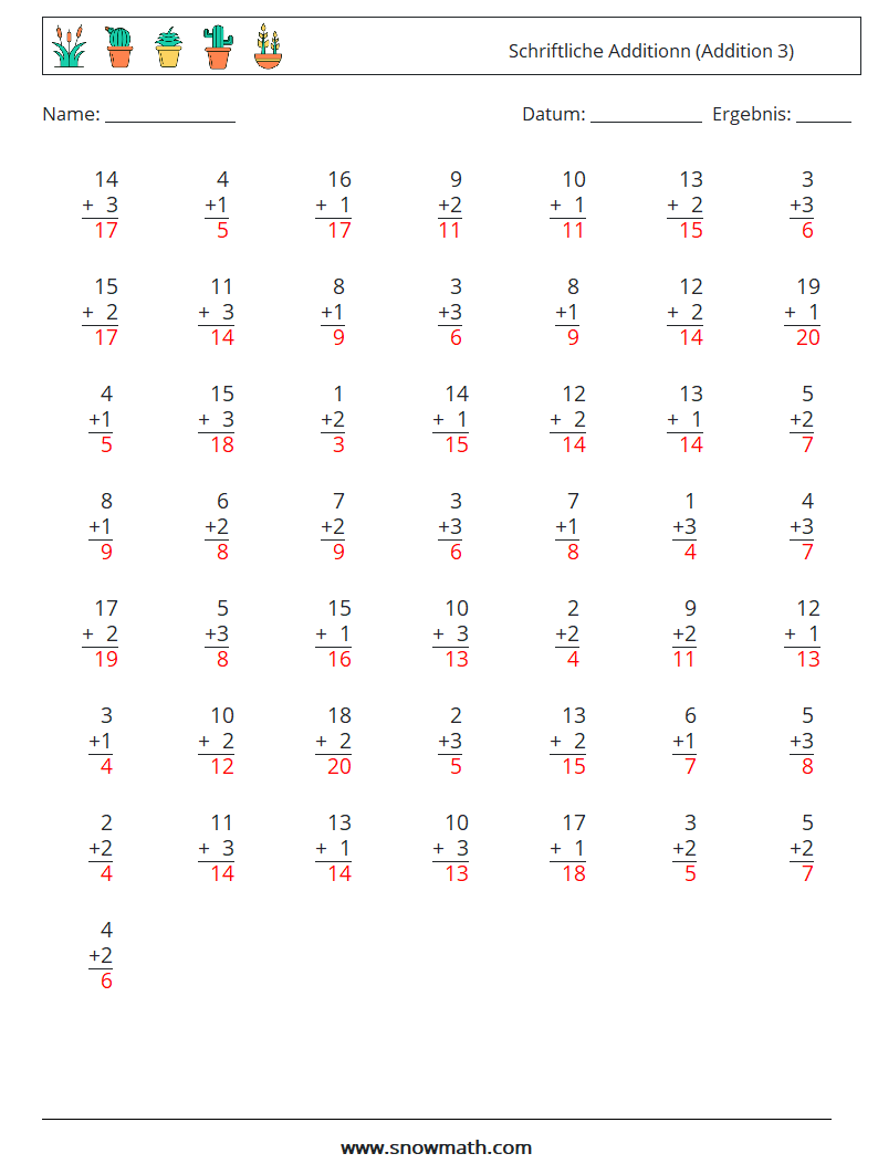 (50) Schriftliche Additionn (Addition 3) Mathe-Arbeitsblätter 17 Frage, Antwort