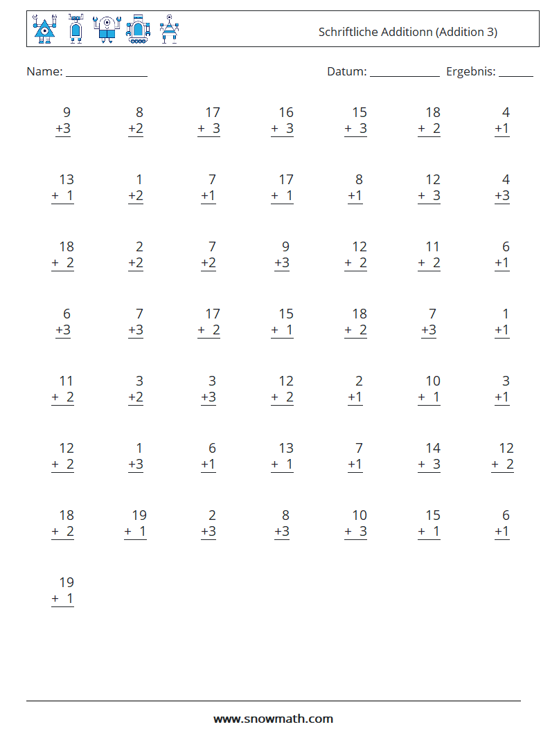 (50) Schriftliche Additionn (Addition 3) Mathe-Arbeitsblätter 18