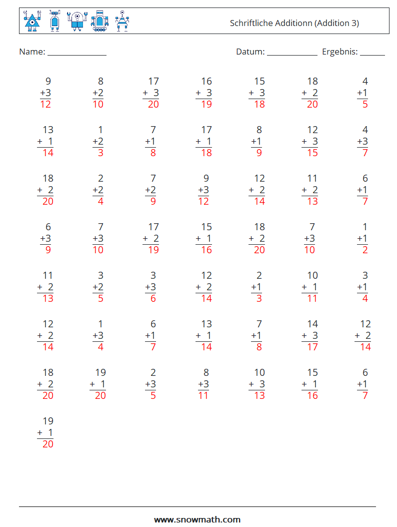 (50) Schriftliche Additionn (Addition 3) Mathe-Arbeitsblätter 18 Frage, Antwort