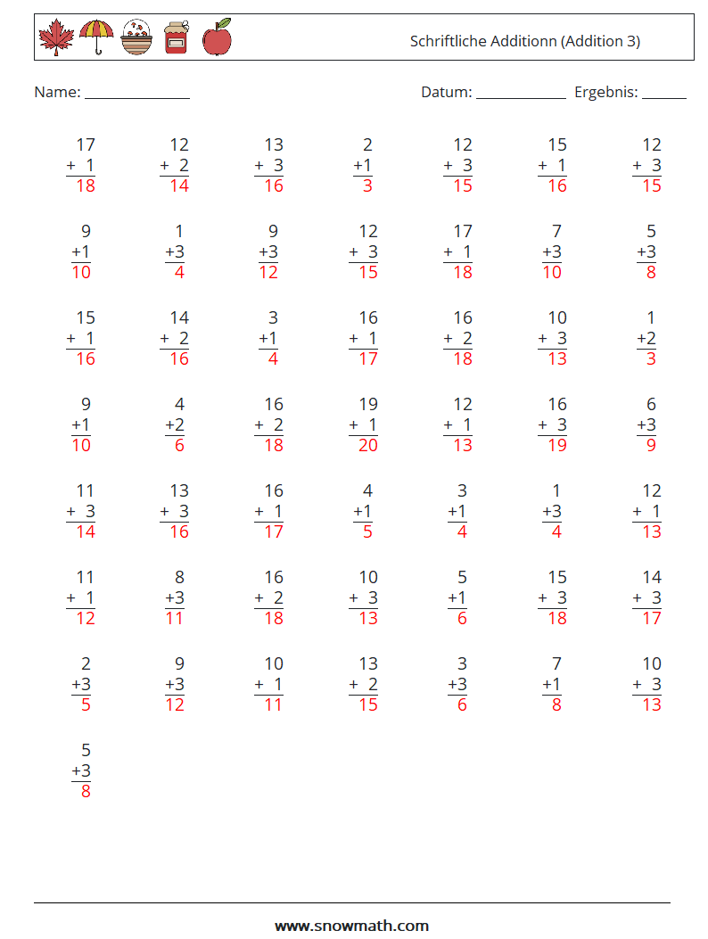 (50) Schriftliche Additionn (Addition 3) Mathe-Arbeitsblätter 1 Frage, Antwort