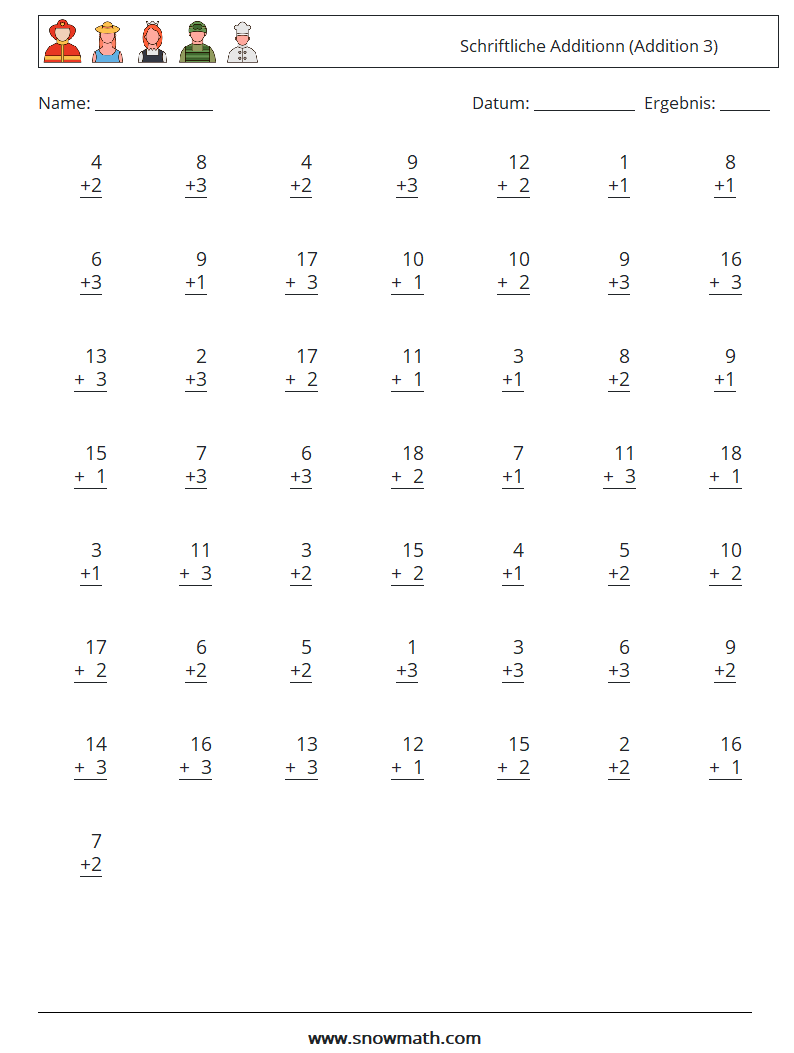 (50) Schriftliche Additionn (Addition 3) Mathe-Arbeitsblätter 2