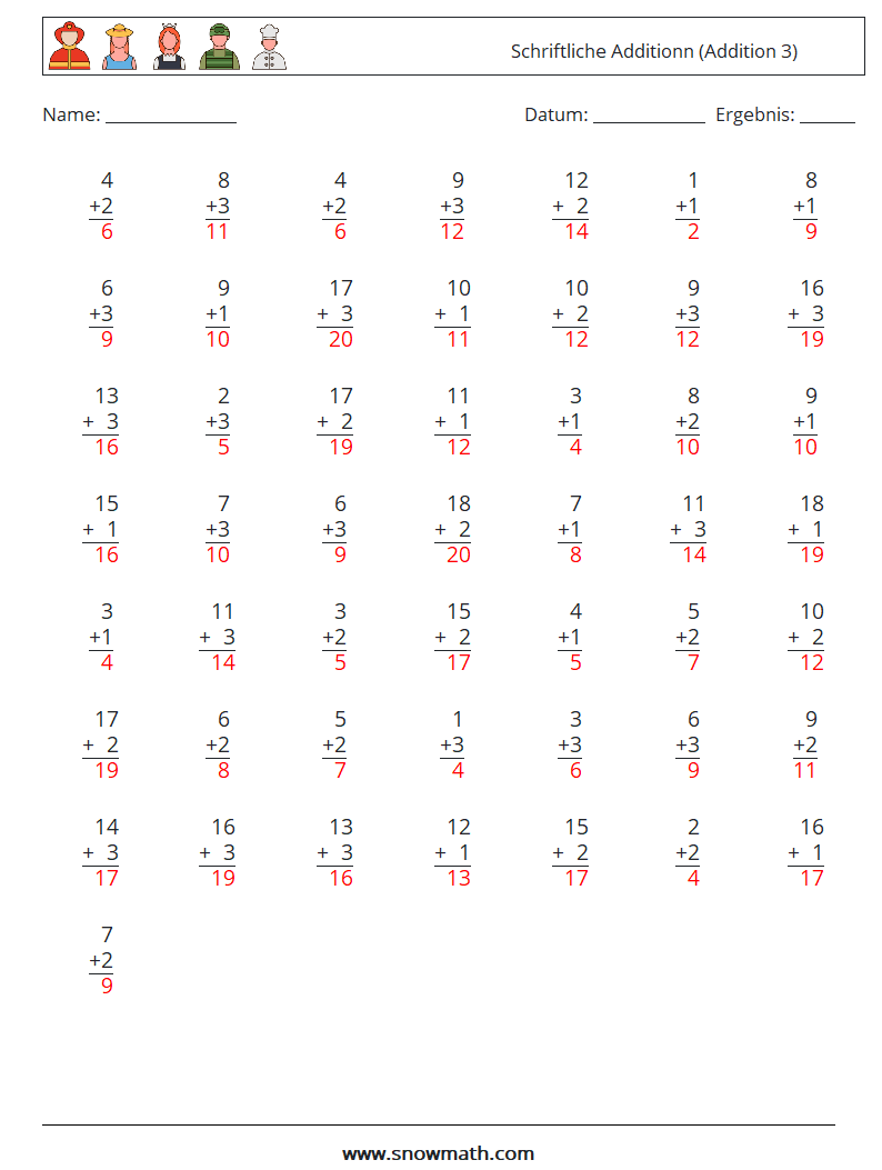 (50) Schriftliche Additionn (Addition 3) Mathe-Arbeitsblätter 2 Frage, Antwort