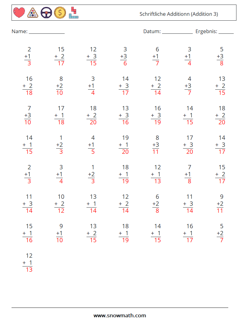 (50) Schriftliche Additionn (Addition 3) Mathe-Arbeitsblätter 3 Frage, Antwort