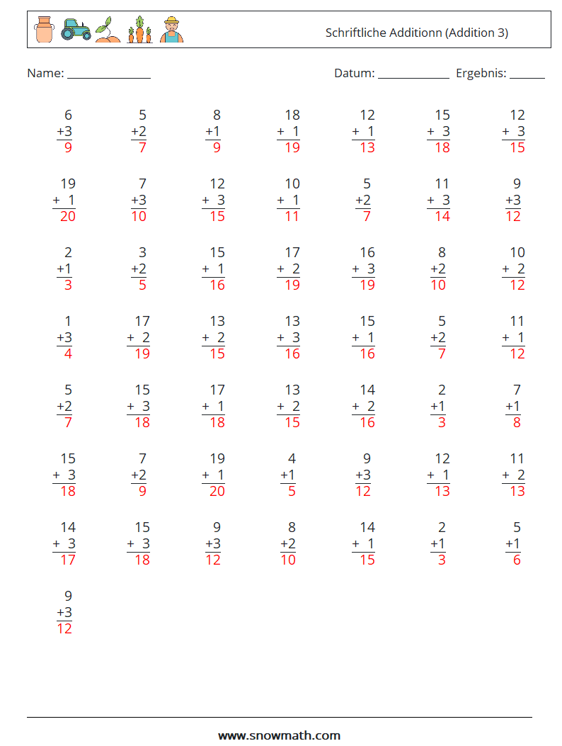 (50) Schriftliche Additionn (Addition 3) Mathe-Arbeitsblätter 4 Frage, Antwort