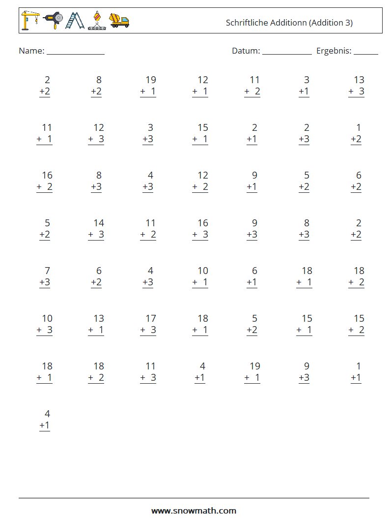 (50) Schriftliche Additionn (Addition 3) Mathe-Arbeitsblätter 6