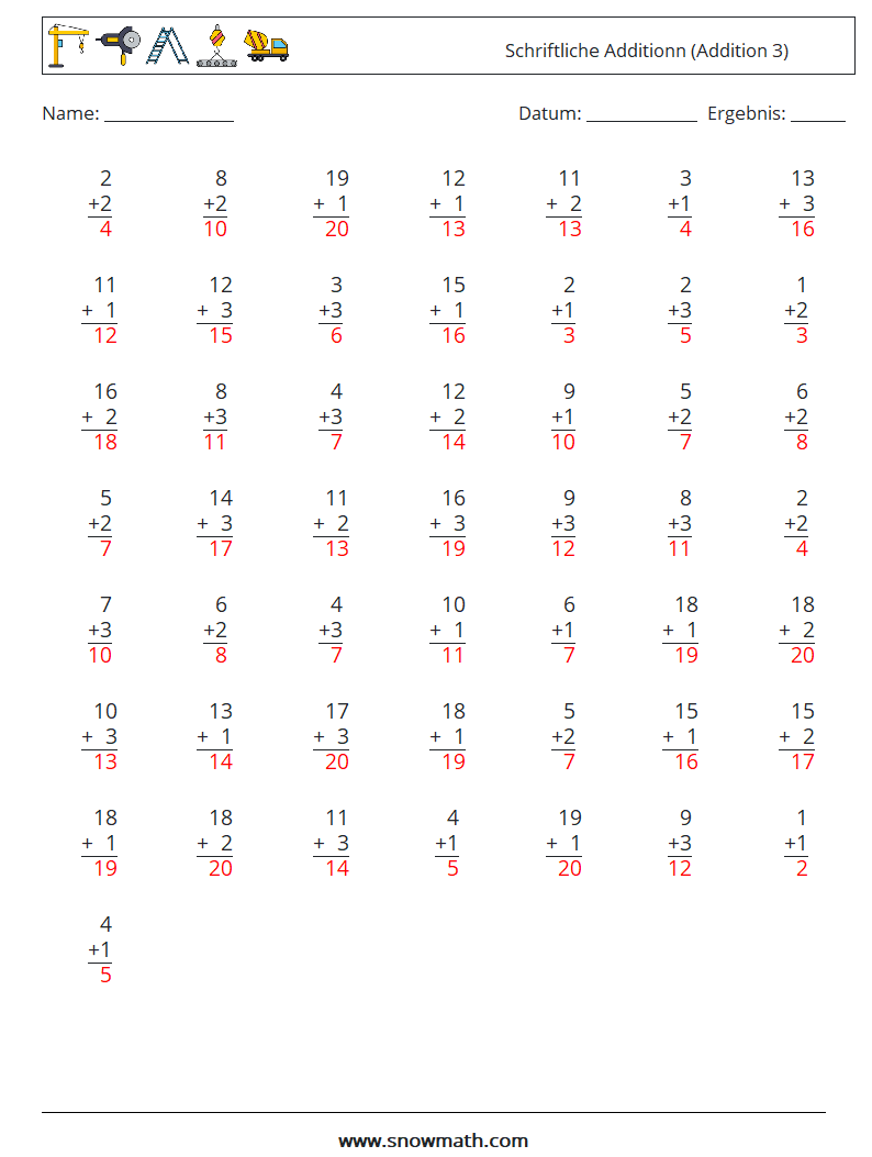 (50) Schriftliche Additionn (Addition 3) Mathe-Arbeitsblätter 6 Frage, Antwort