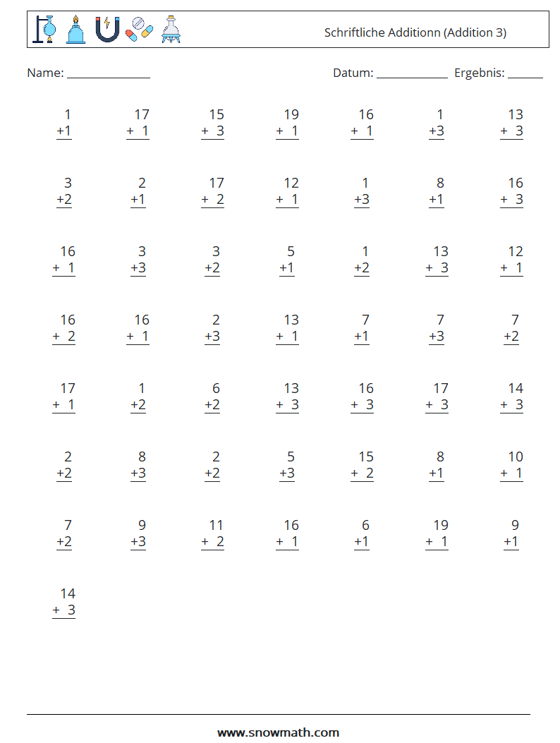 (50) Schriftliche Additionn (Addition 3) Mathe-Arbeitsblätter 7