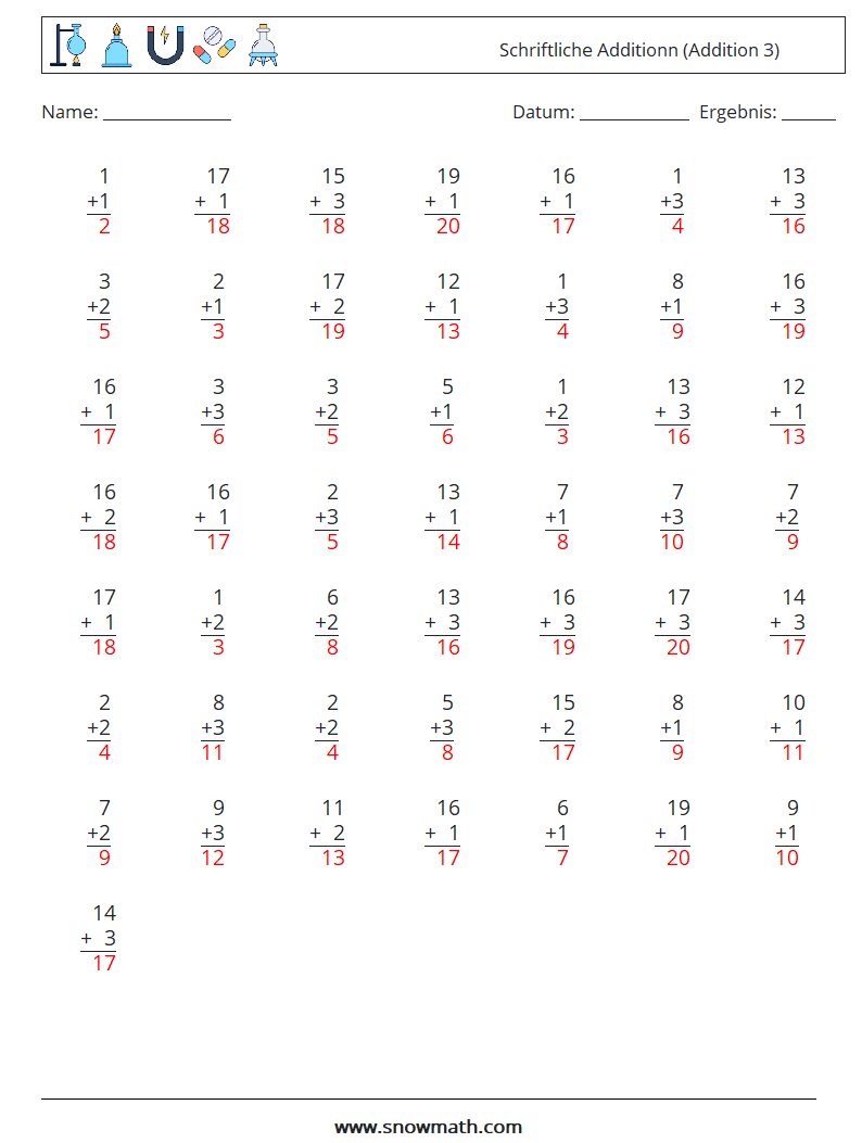 (50) Schriftliche Additionn (Addition 3) Mathe-Arbeitsblätter 7 Frage, Antwort