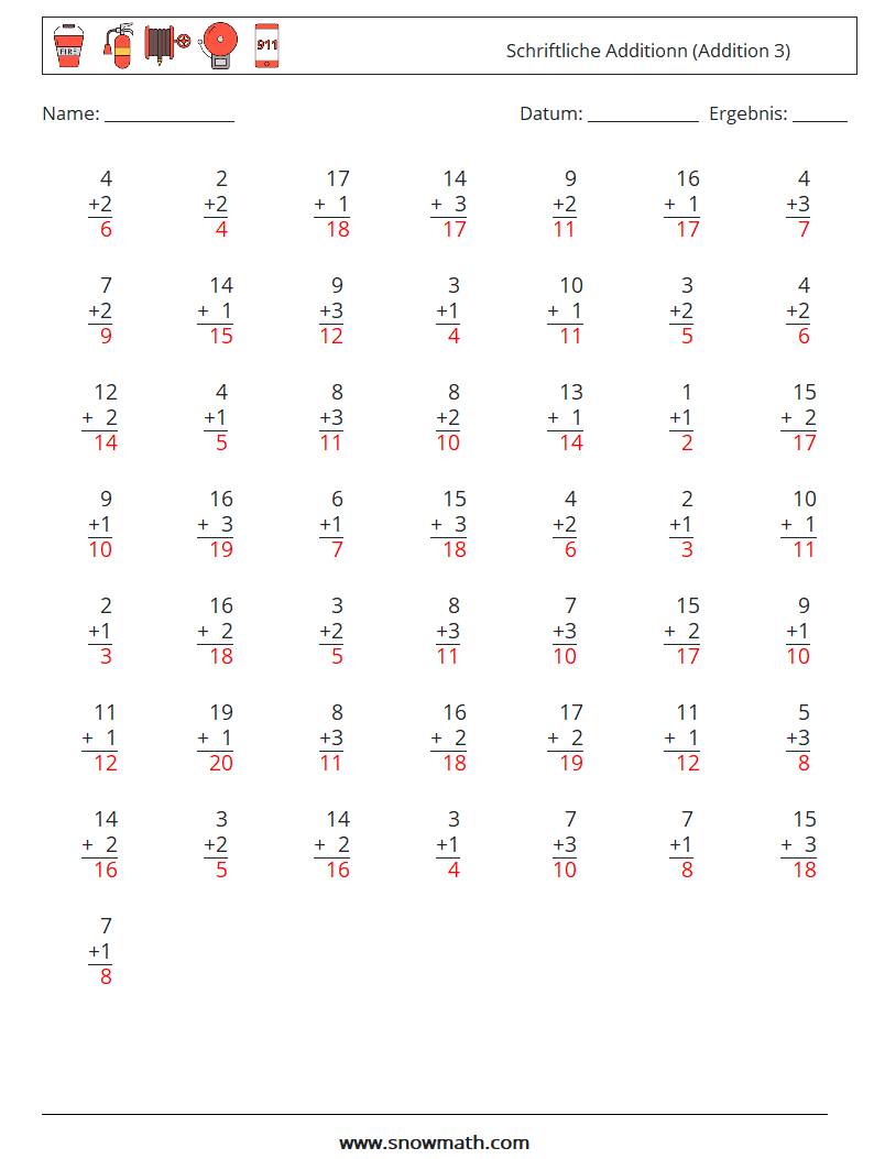 (50) Schriftliche Additionn (Addition 3) Mathe-Arbeitsblätter 8 Frage, Antwort