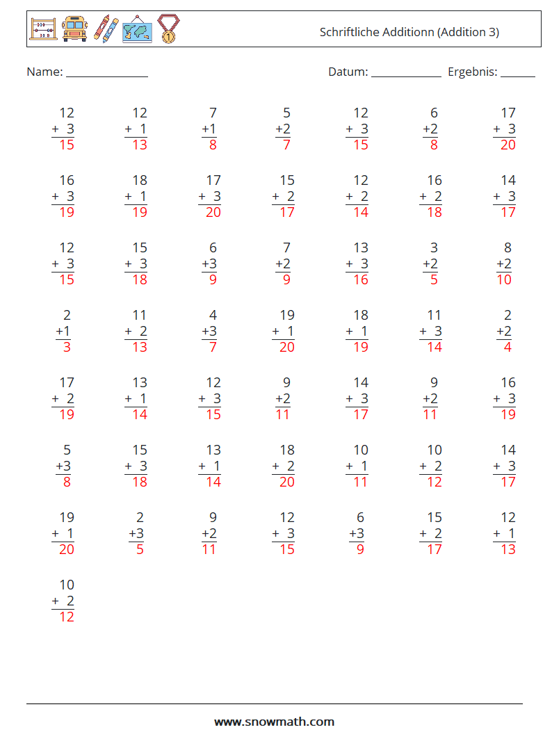 (50) Schriftliche Additionn (Addition 3) Mathe-Arbeitsblätter 9 Frage, Antwort