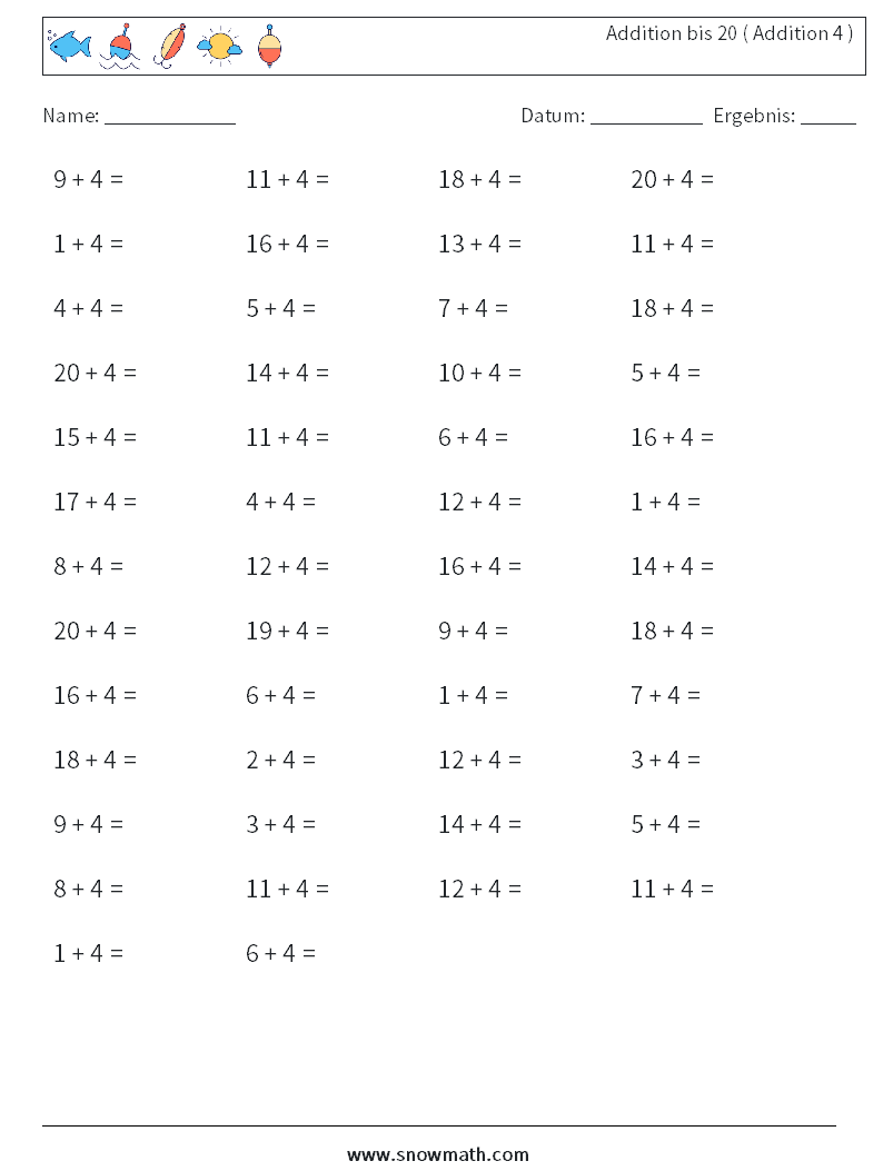 (50) Addition bis 20 ( Addition 4 ) Mathe-Arbeitsblätter 1