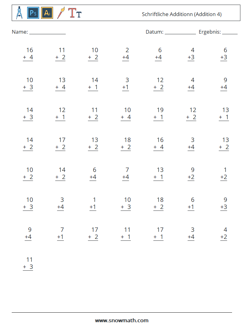 (50) Schriftliche Additionn (Addition 4) Mathe-Arbeitsblätter 1