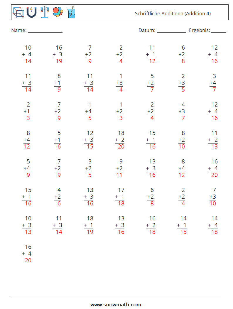 (50) Schriftliche Additionn (Addition 4) Mathe-Arbeitsblätter 11 Frage, Antwort