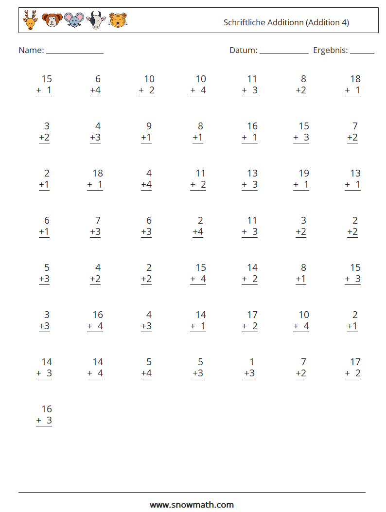 (50) Schriftliche Additionn (Addition 4) Mathe-Arbeitsblätter 12