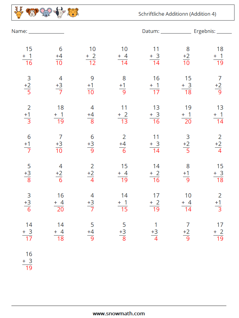 (50) Schriftliche Additionn (Addition 4) Mathe-Arbeitsblätter 12 Frage, Antwort