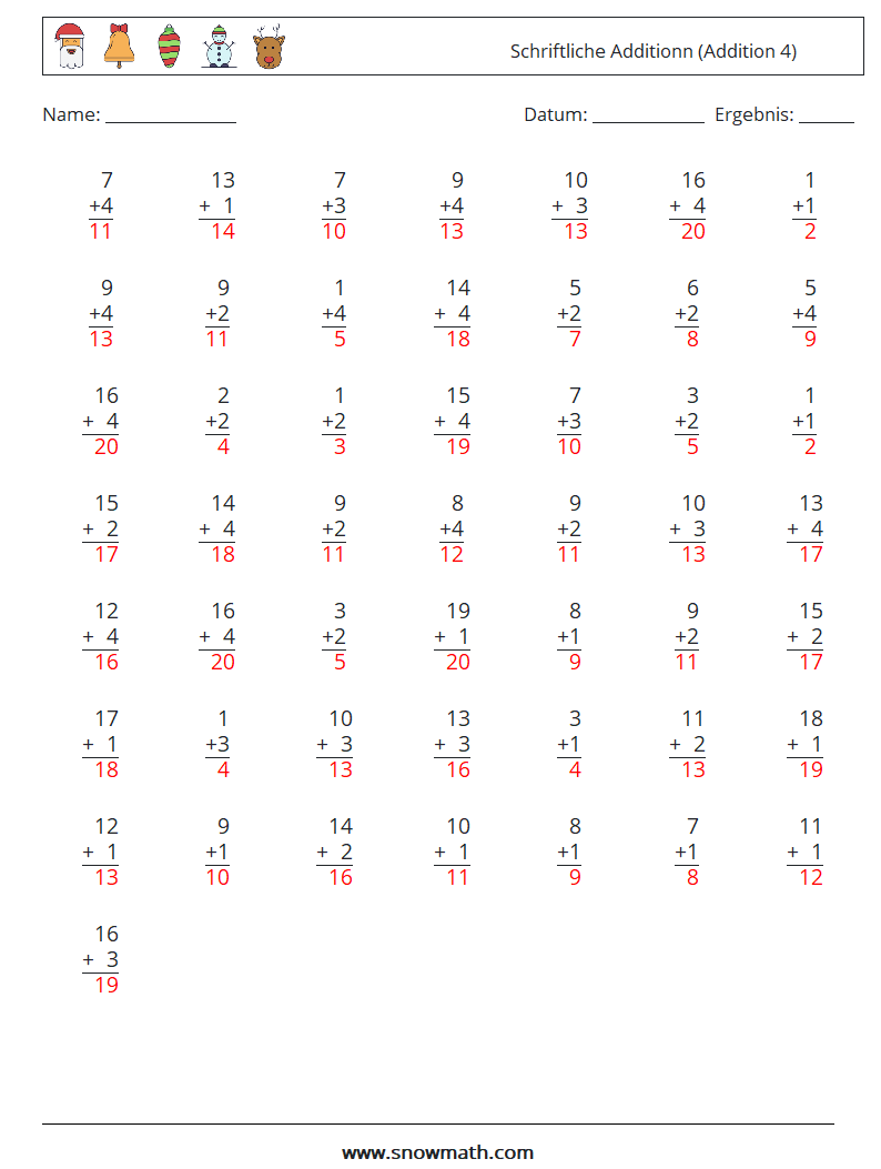 (50) Schriftliche Additionn (Addition 4) Mathe-Arbeitsblätter 13 Frage, Antwort