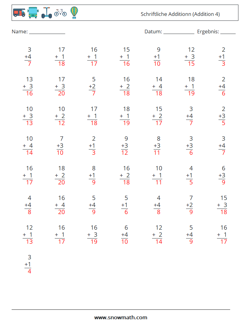 (50) Schriftliche Additionn (Addition 4) Mathe-Arbeitsblätter 14 Frage, Antwort