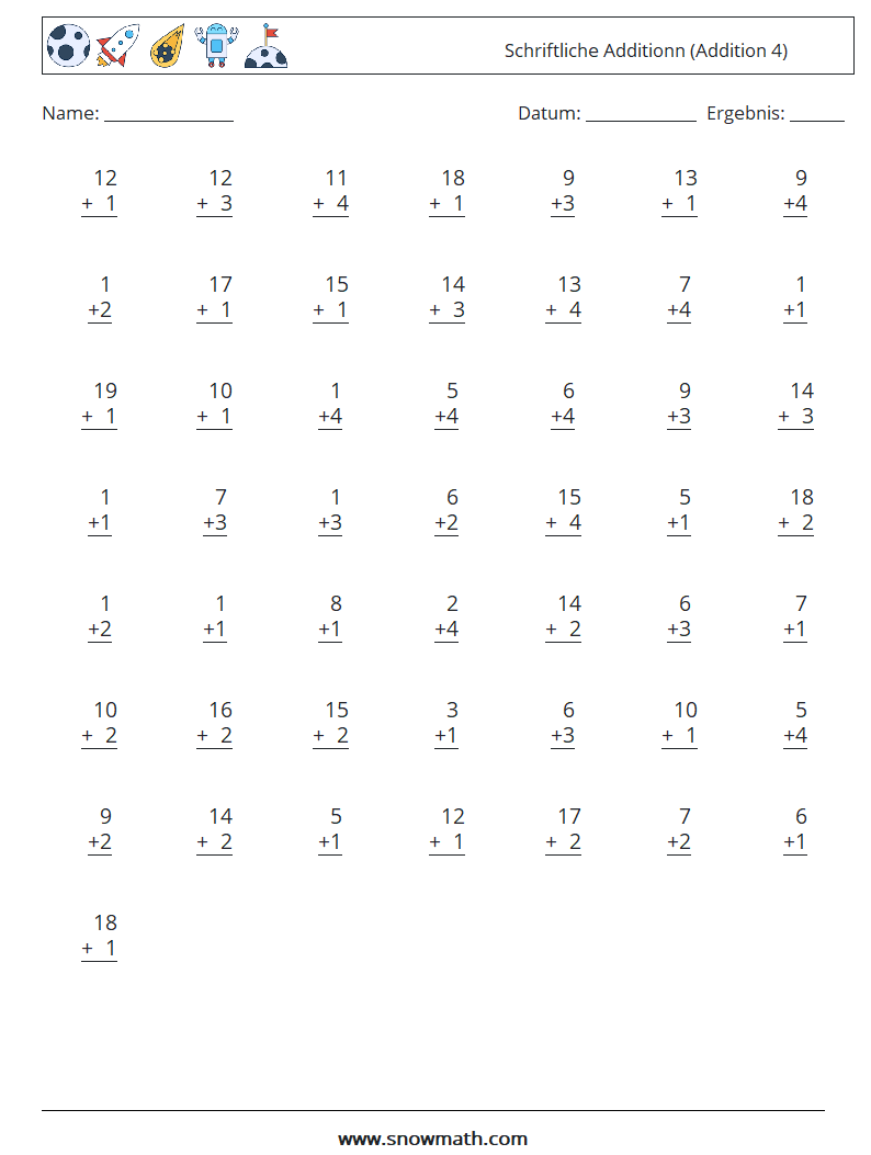 (50) Schriftliche Additionn (Addition 4) Mathe-Arbeitsblätter 15