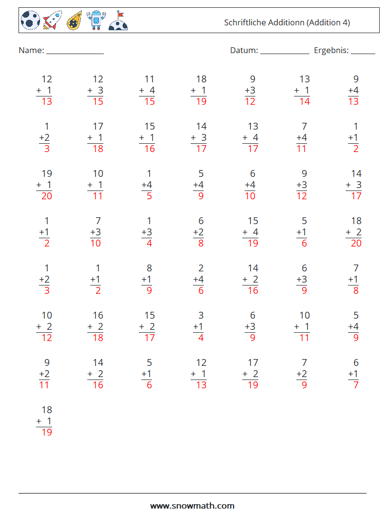 (50) Schriftliche Additionn (Addition 4) Mathe-Arbeitsblätter 15 Frage, Antwort