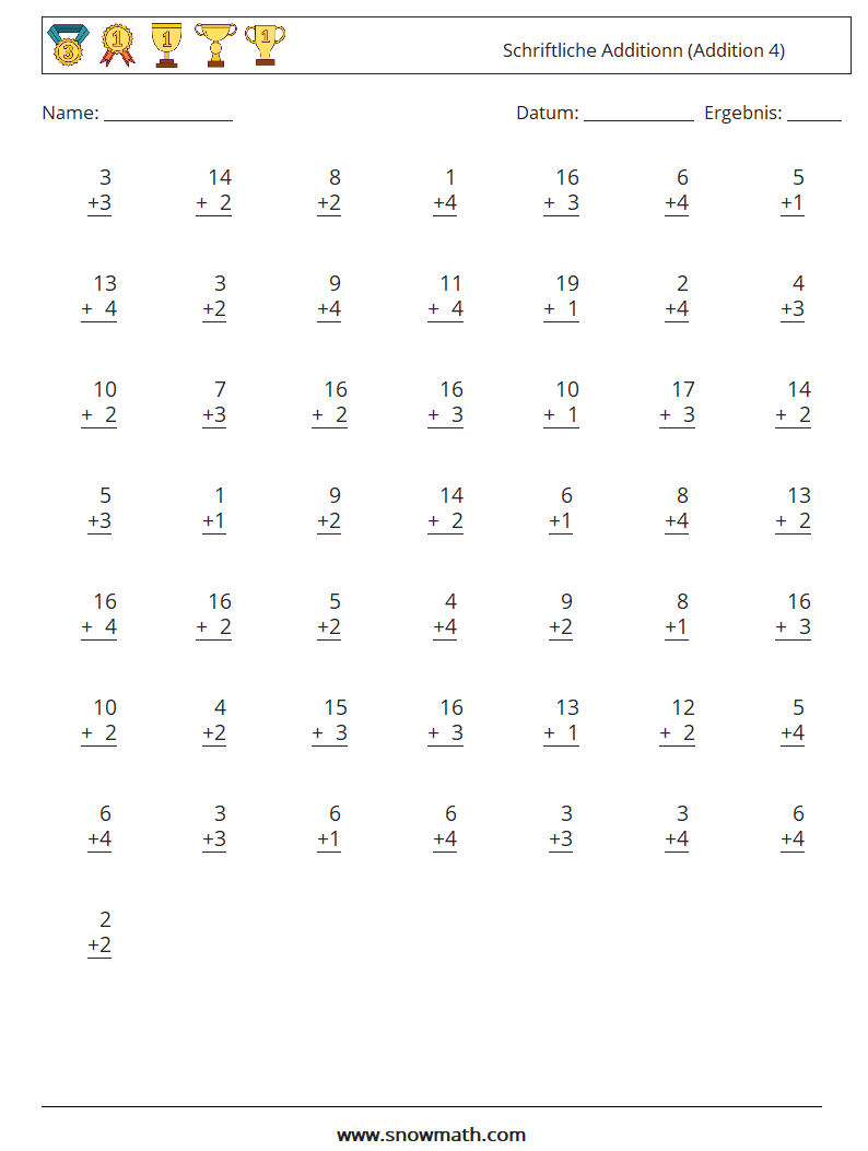 (50) Schriftliche Additionn (Addition 4) Mathe-Arbeitsblätter 16