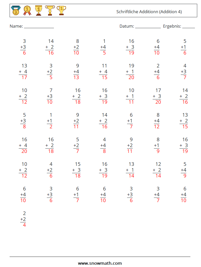 (50) Schriftliche Additionn (Addition 4) Mathe-Arbeitsblätter 16 Frage, Antwort