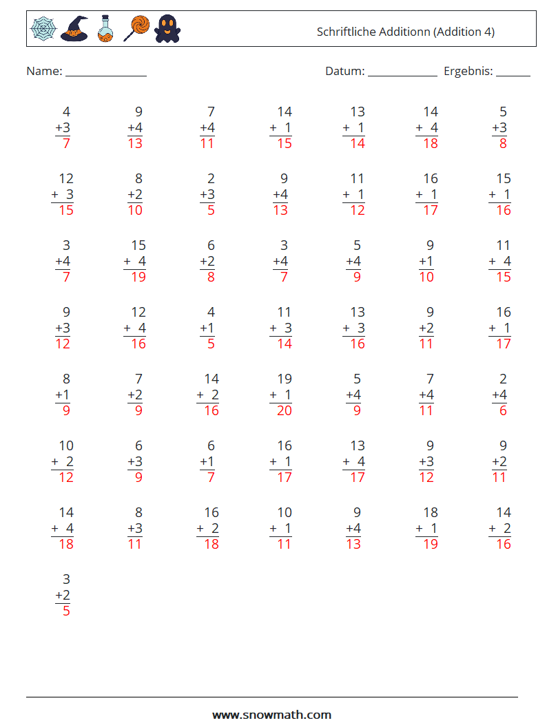 (50) Schriftliche Additionn (Addition 4) Mathe-Arbeitsblätter 17 Frage, Antwort