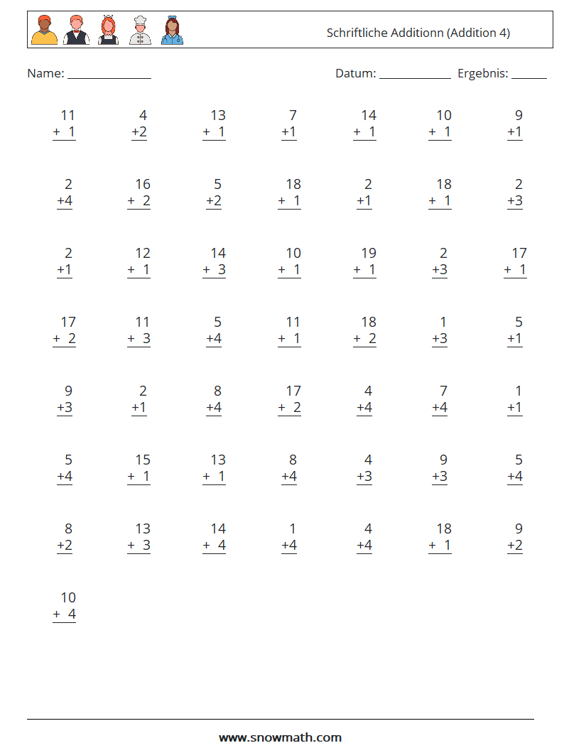 (50) Schriftliche Additionn (Addition 4) Mathe-Arbeitsblätter 18