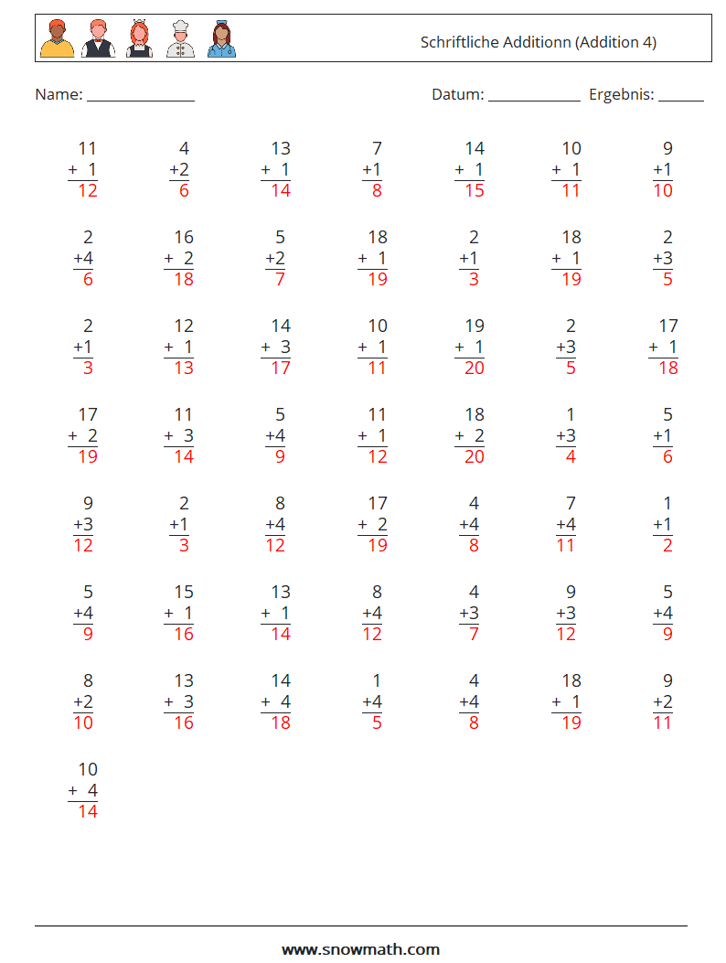 (50) Schriftliche Additionn (Addition 4) Mathe-Arbeitsblätter 18 Frage, Antwort