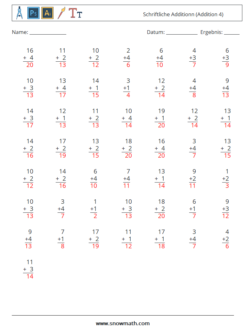 (50) Schriftliche Additionn (Addition 4) Mathe-Arbeitsblätter 1 Frage, Antwort