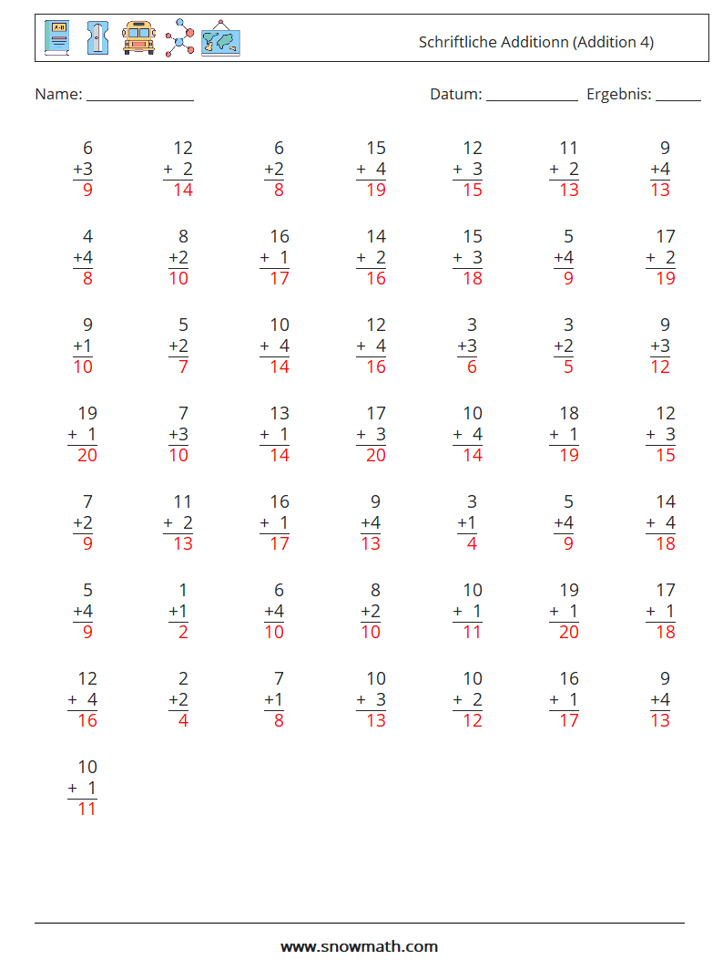 (50) Schriftliche Additionn (Addition 4) Mathe-Arbeitsblätter 2 Frage, Antwort