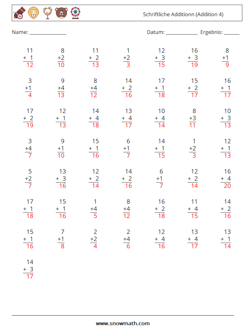 (50) Schriftliche Additionn (Addition 4) Mathe-Arbeitsblätter 3 Frage, Antwort