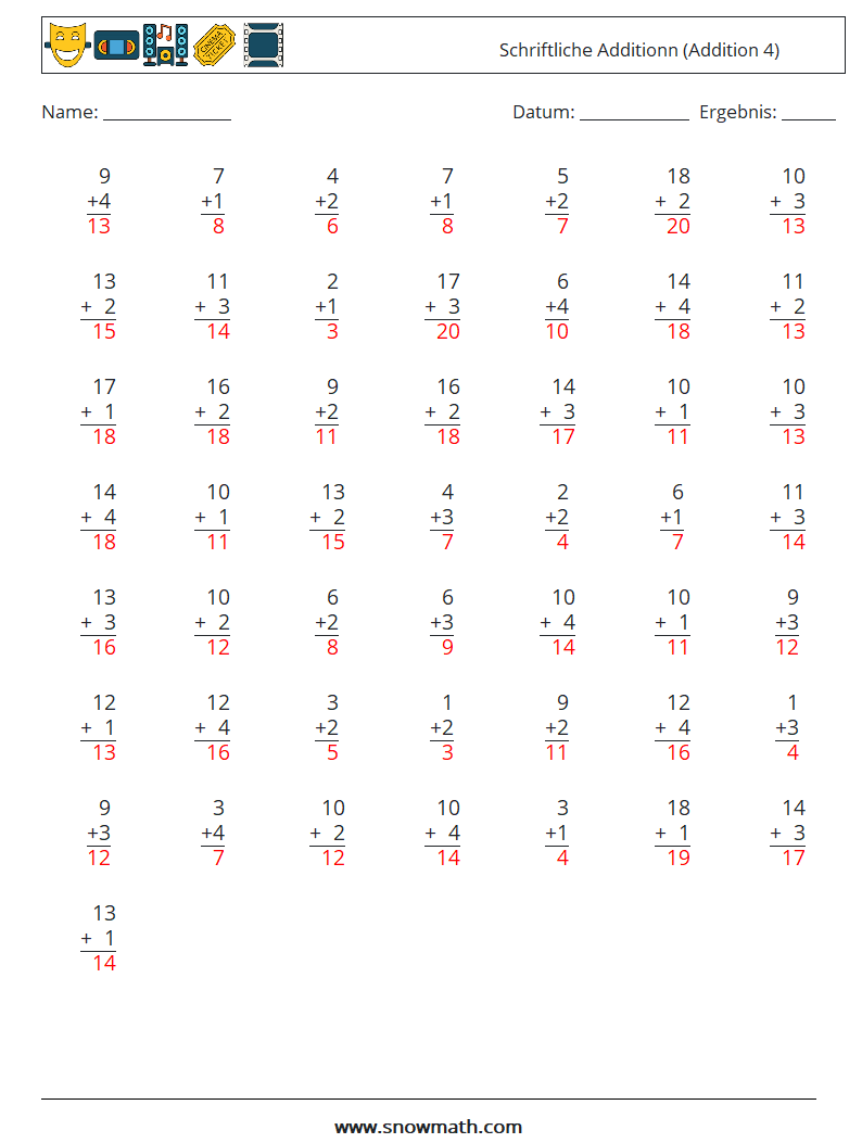 (50) Schriftliche Additionn (Addition 4) Mathe-Arbeitsblätter 4 Frage, Antwort