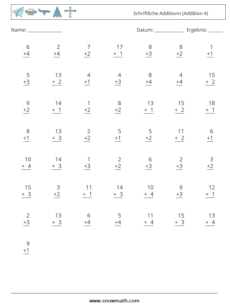 (50) Schriftliche Additionn (Addition 4) Mathe-Arbeitsblätter 5