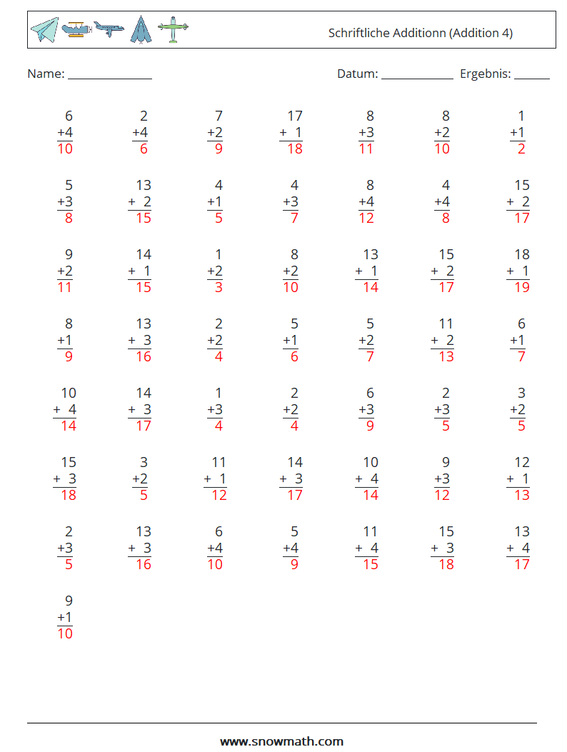 (50) Schriftliche Additionn (Addition 4) Mathe-Arbeitsblätter 5 Frage, Antwort