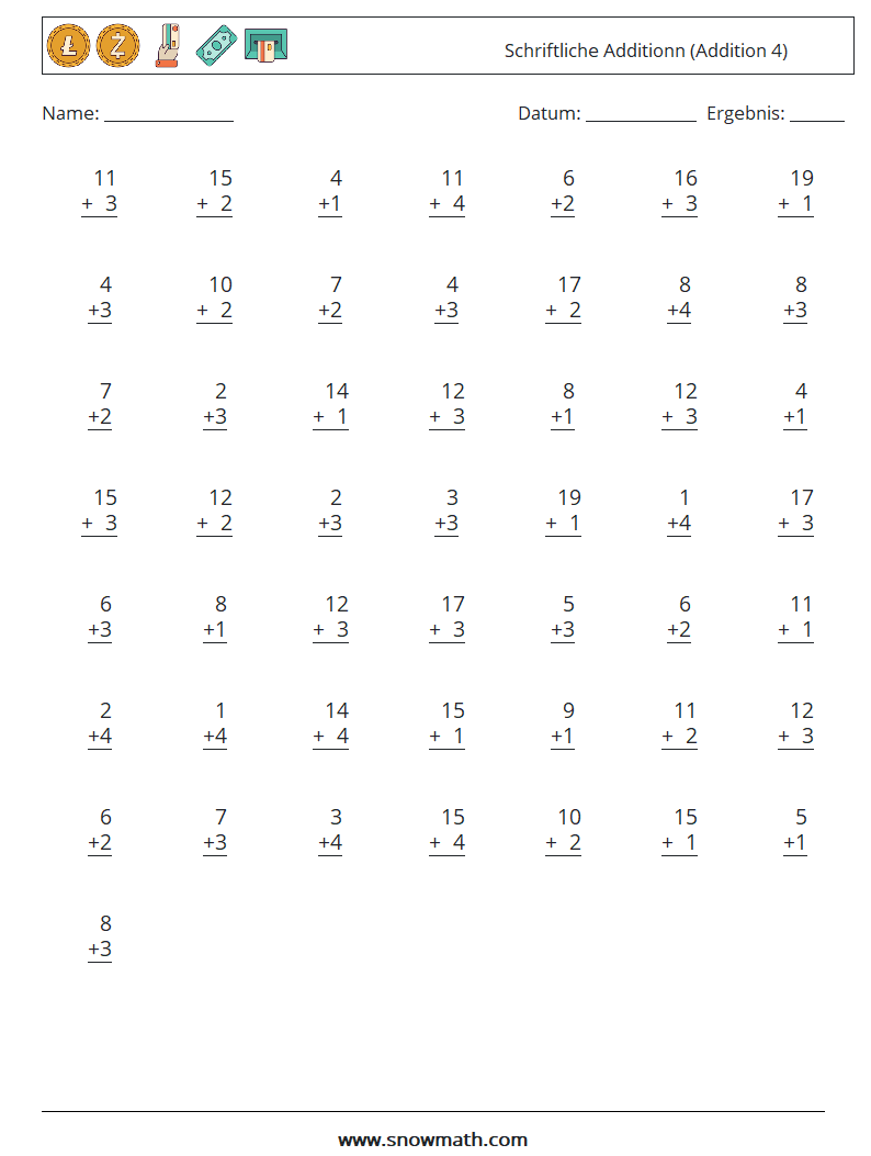 (50) Schriftliche Additionn (Addition 4) Mathe-Arbeitsblätter 6