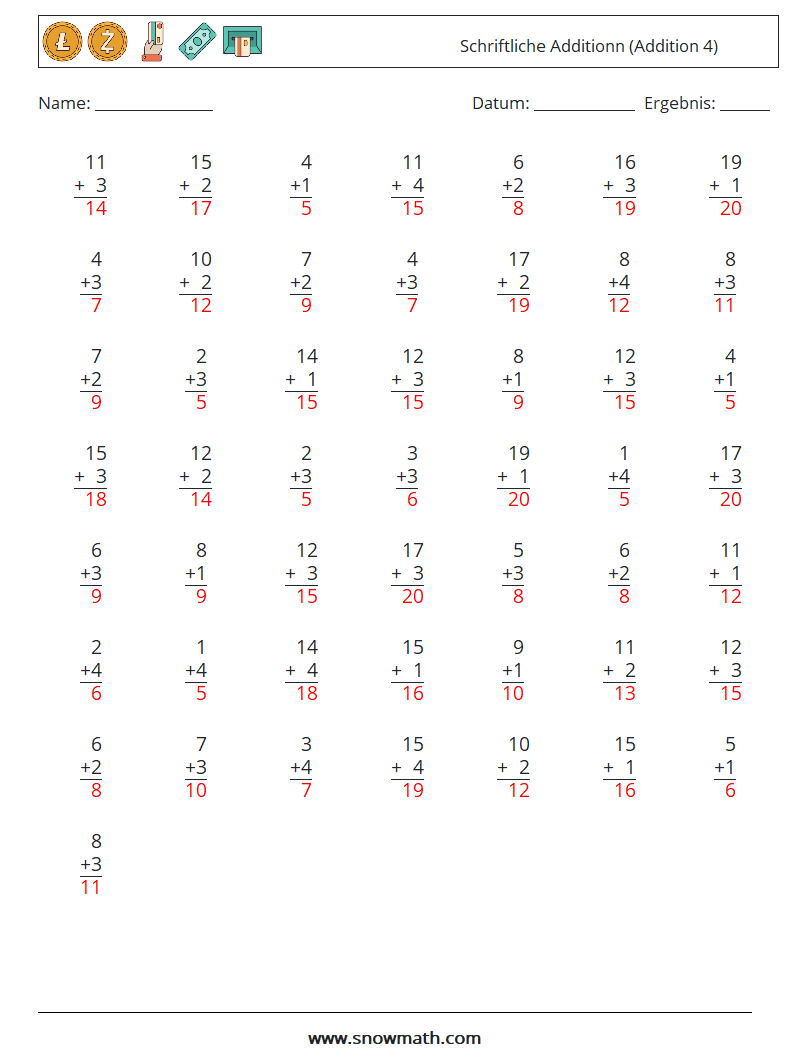 (50) Schriftliche Additionn (Addition 4) Mathe-Arbeitsblätter 6 Frage, Antwort