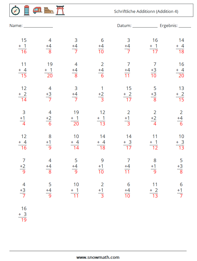 (50) Schriftliche Additionn (Addition 4) Mathe-Arbeitsblätter 7 Frage, Antwort