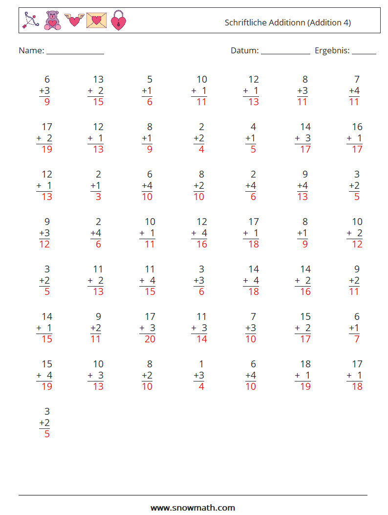 (50) Schriftliche Additionn (Addition 4) Mathe-Arbeitsblätter 8 Frage, Antwort