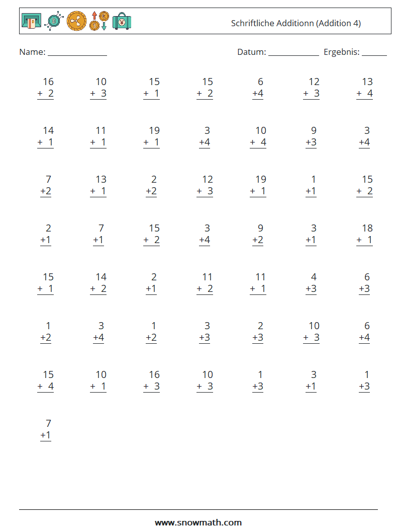 (50) Schriftliche Additionn (Addition 4) Mathe-Arbeitsblätter 9