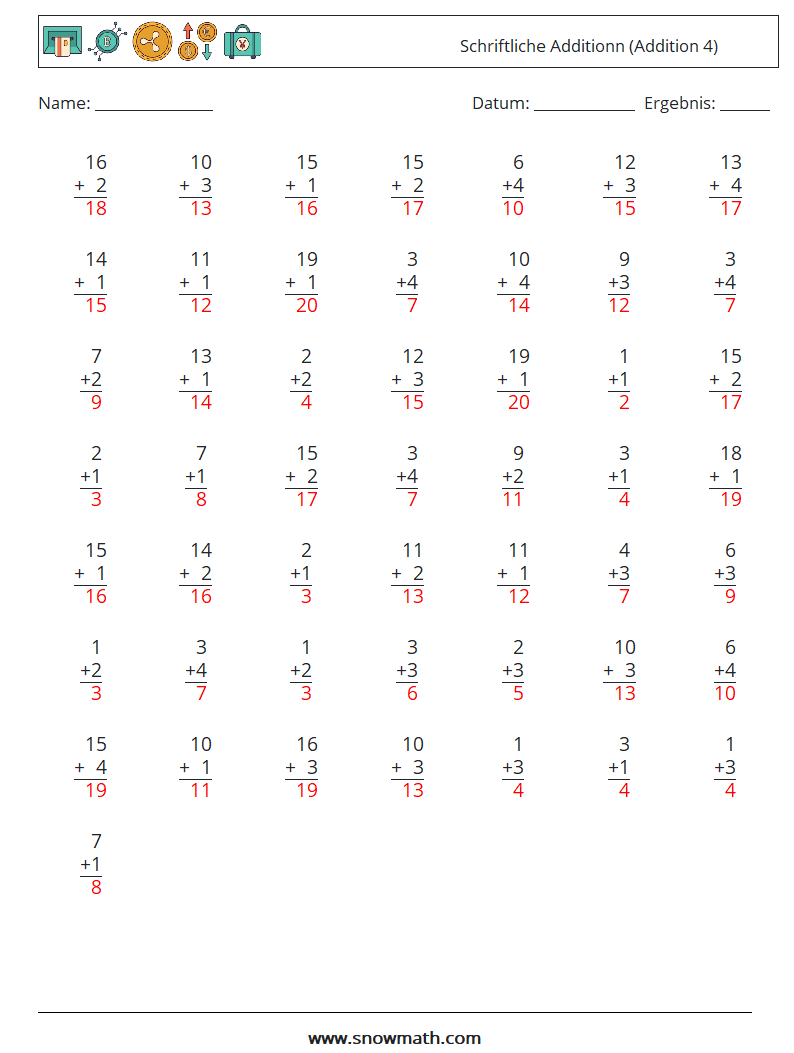 (50) Schriftliche Additionn (Addition 4) Mathe-Arbeitsblätter 9 Frage, Antwort