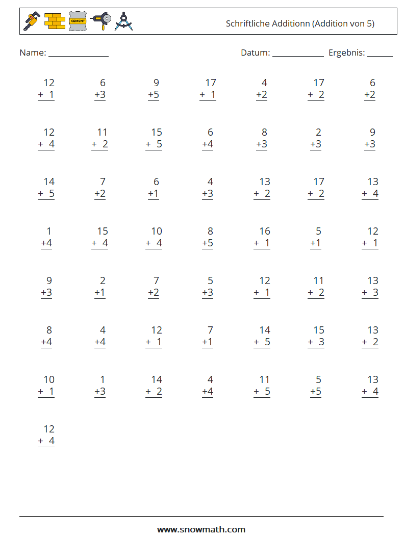 (50) Schriftliche Additionn (Addition von 5) Mathe-Arbeitsblätter 1