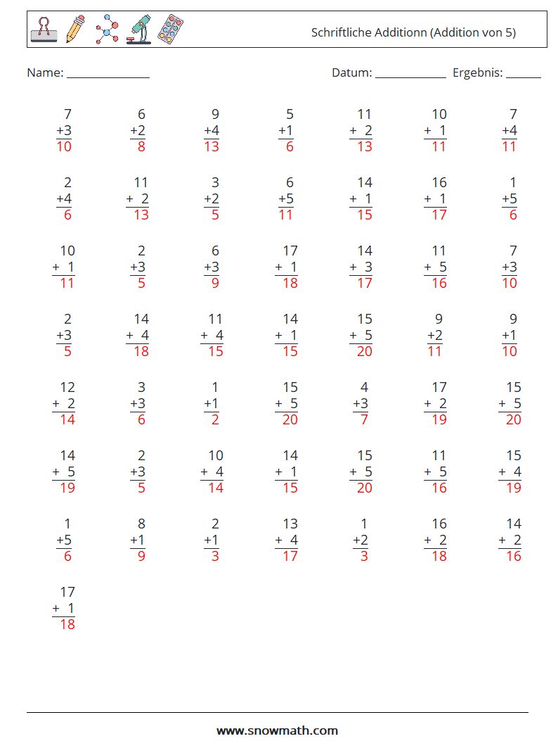 (50) Schriftliche Additionn (Addition von 5) Mathe-Arbeitsblätter 10 Frage, Antwort