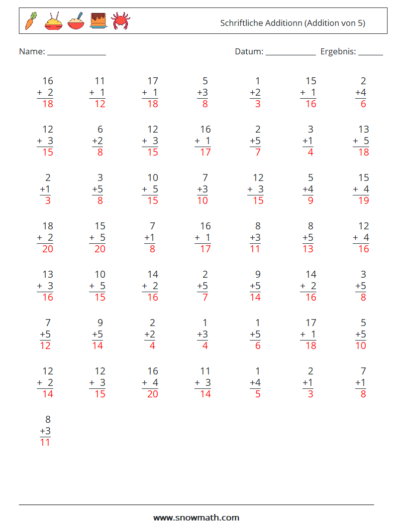 (50) Schriftliche Additionn (Addition von 5) Mathe-Arbeitsblätter 11 Frage, Antwort